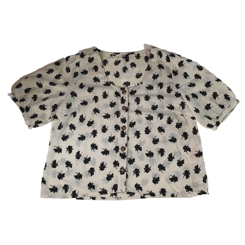 Vero Moda Cream & Black Floral Button Down Blouse Puff Short Sleeve Size Large